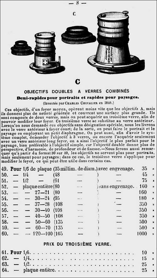 Advertisement of Chevalier's "PVC" Lens from the catalogue, Instruments Pour La Photographie by Arthur Chevalier (Paris) 1863
